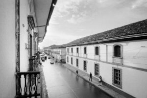 Street scene from hotel balcony; Popayan, Colombia; 1974